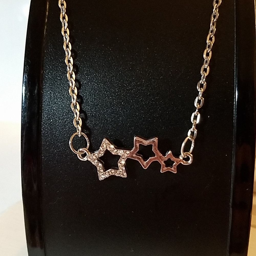 Triple Rhinestone 1.25" Stars 24" Silver Tone Necklace